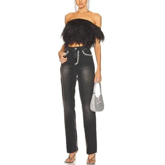 AREA NYC Crystal Backslit Jeans in Black Sz 6 NEW - Picture 1 of 15